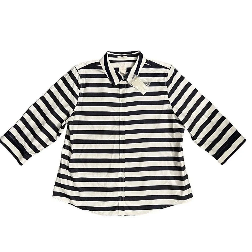 Chico’s Shirt WMNS XL Blue Horizontal-Stripe Beatrice Button Up Coastal Nautical